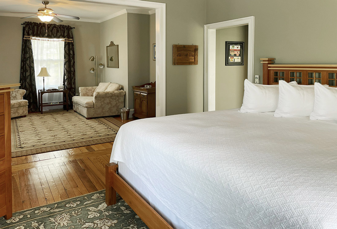 Boston Harbor Room bed and view to sitting room